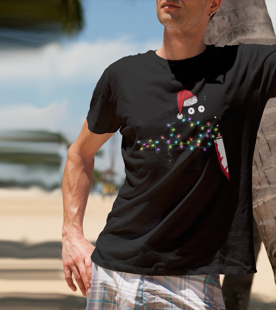 What Cat Wrapped In Xmas Lights Holding Knife Wearing Santa Hat T-Shirt