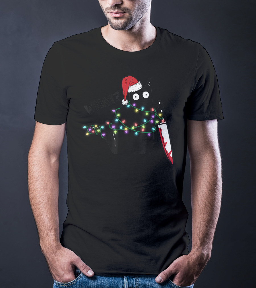 What Cat Wrapped In Xmas Lights Holding Knife Wearing Santa Hat T-Shirt
