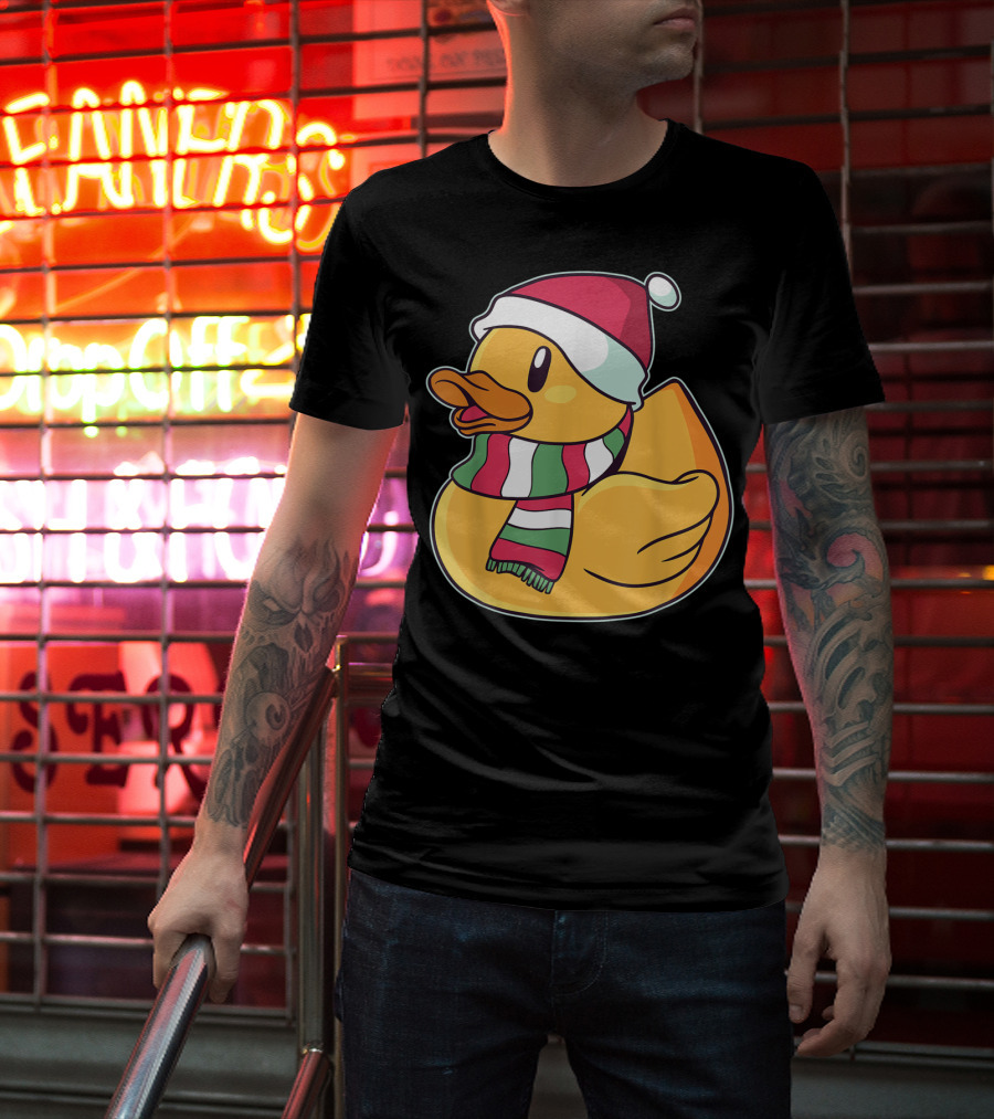 Xmas Rubber Ducky Duckie Duck With Santa Hat And Scarf T-Shirt