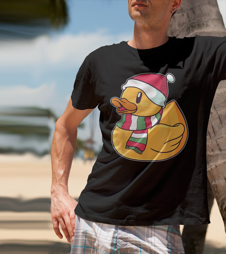 Xmas Rubber Ducky Duckie Duck With Santa Hat And Scarf T-Shirt