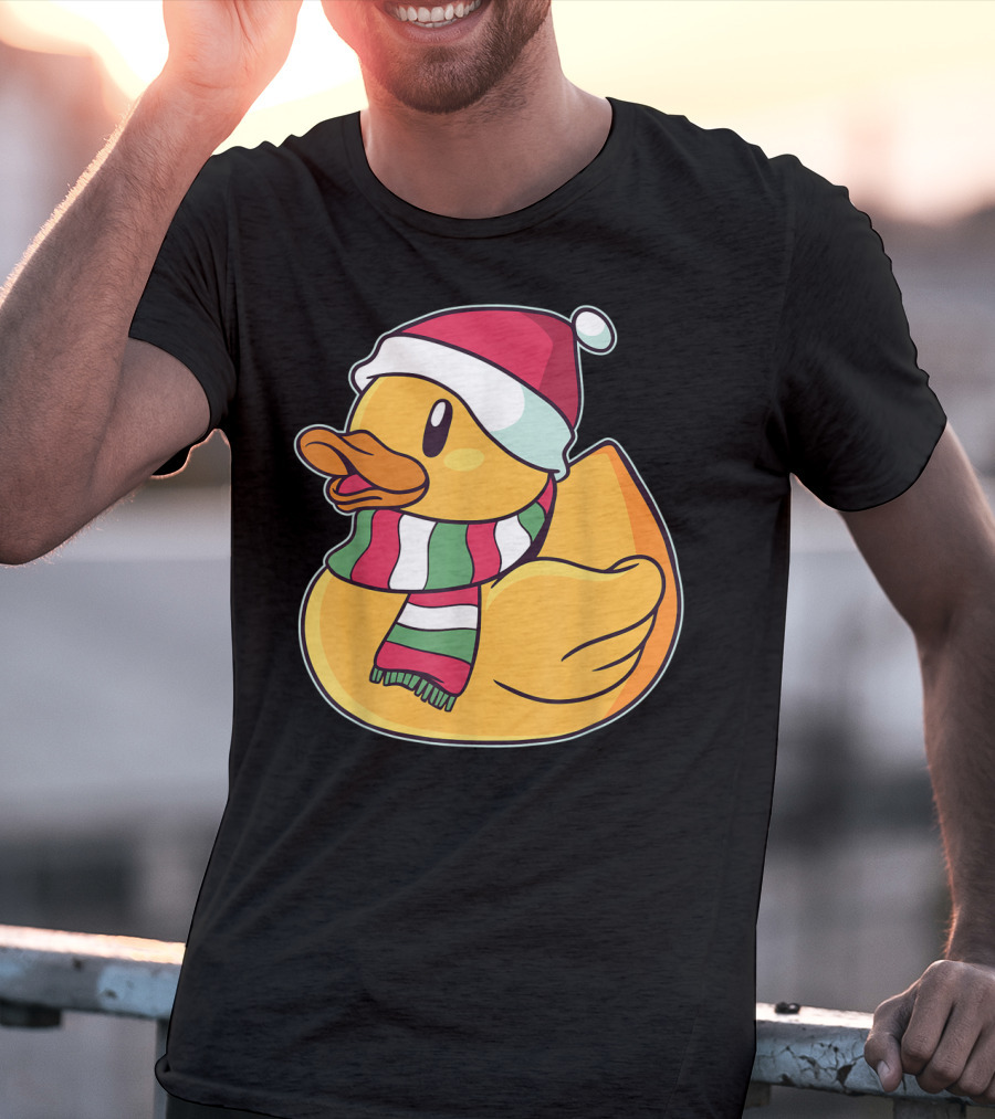 Xmas Rubber Ducky Duckie Duck With Santa Hat And Scarf T-Shirt