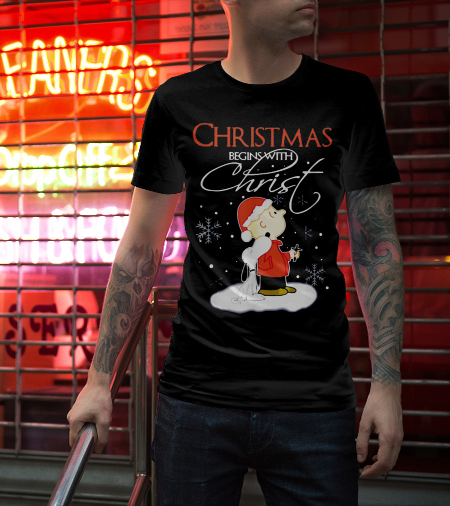 Christmas Begins With Christ Xmas Holiday Boy And Dog With Snowflakes T-Shirt