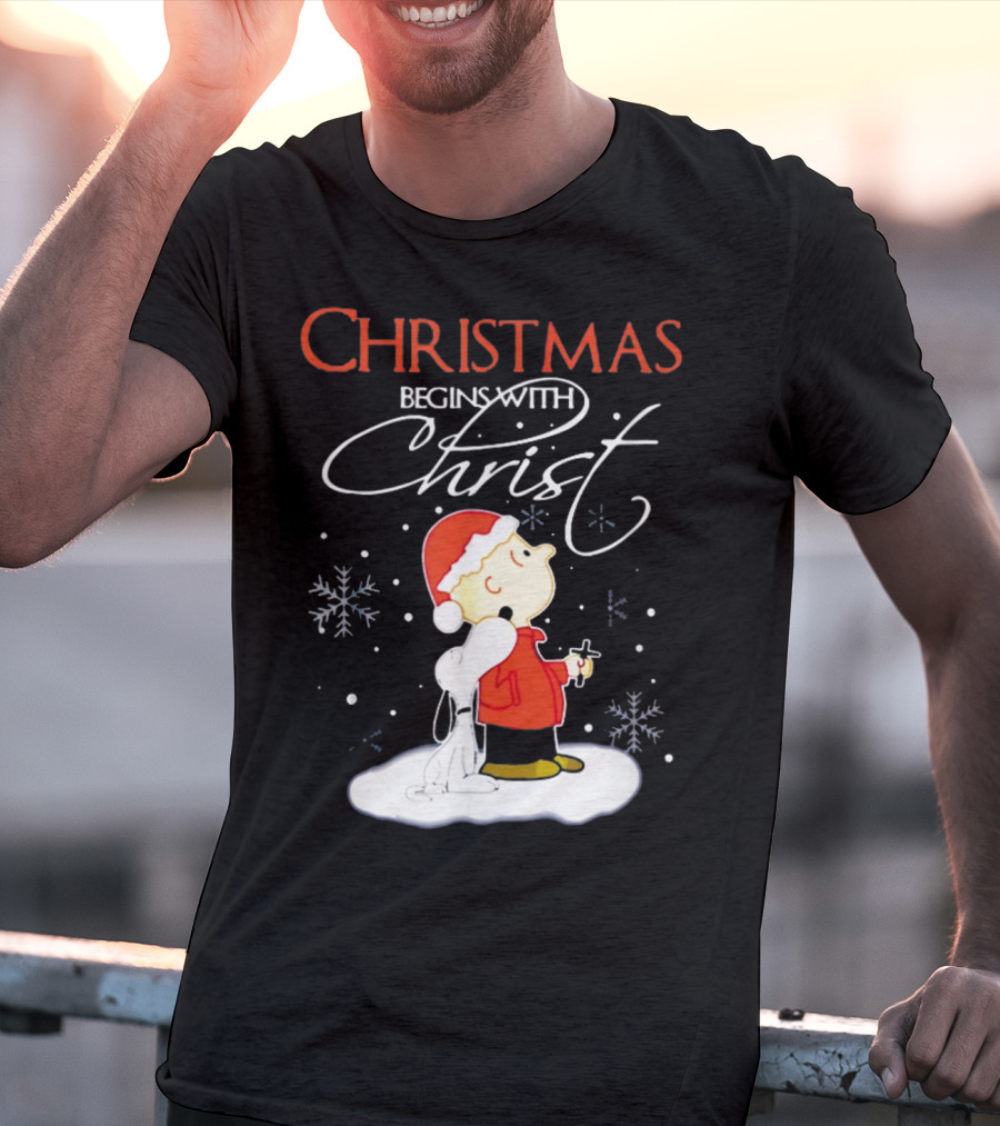 Christmas Begins With Christ Xmas Holiday Boy And Dog With Snowflakes T-Shirt