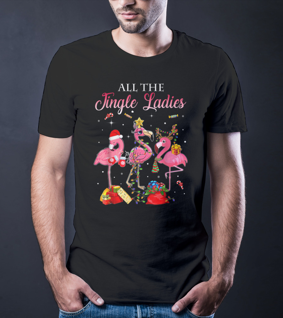 All The Jingle Ladies Christmas Pink Flamingo Santa Hats Presents Lights T-Shirt