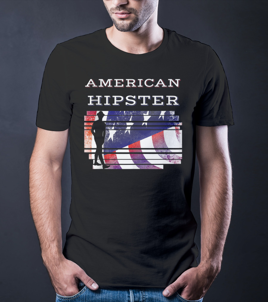 American Hipster Silhouette With Distressed US Flag Background T-Shirt
