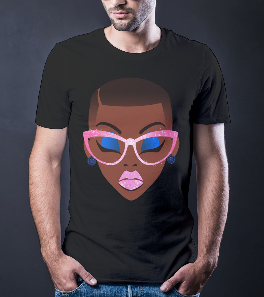 Beautiful Afro Black Girl With Natural Hair Pink Sparkle Glasses T-Shirt