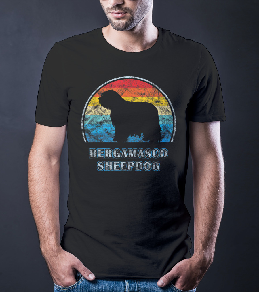 Bergamasco Sheepdog Retro Silhouette Vintage Stripes T-Shirt