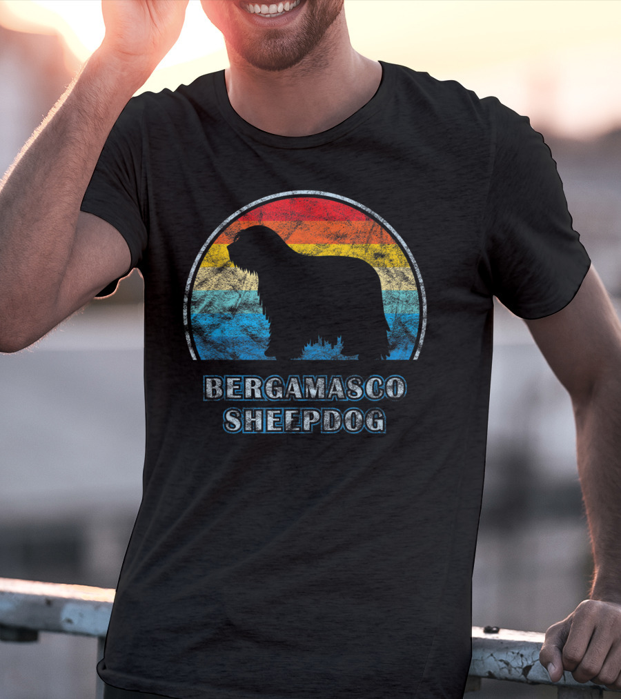 Bergamasco Sheepdog Retro Silhouette Vintage Stripes T-Shirt