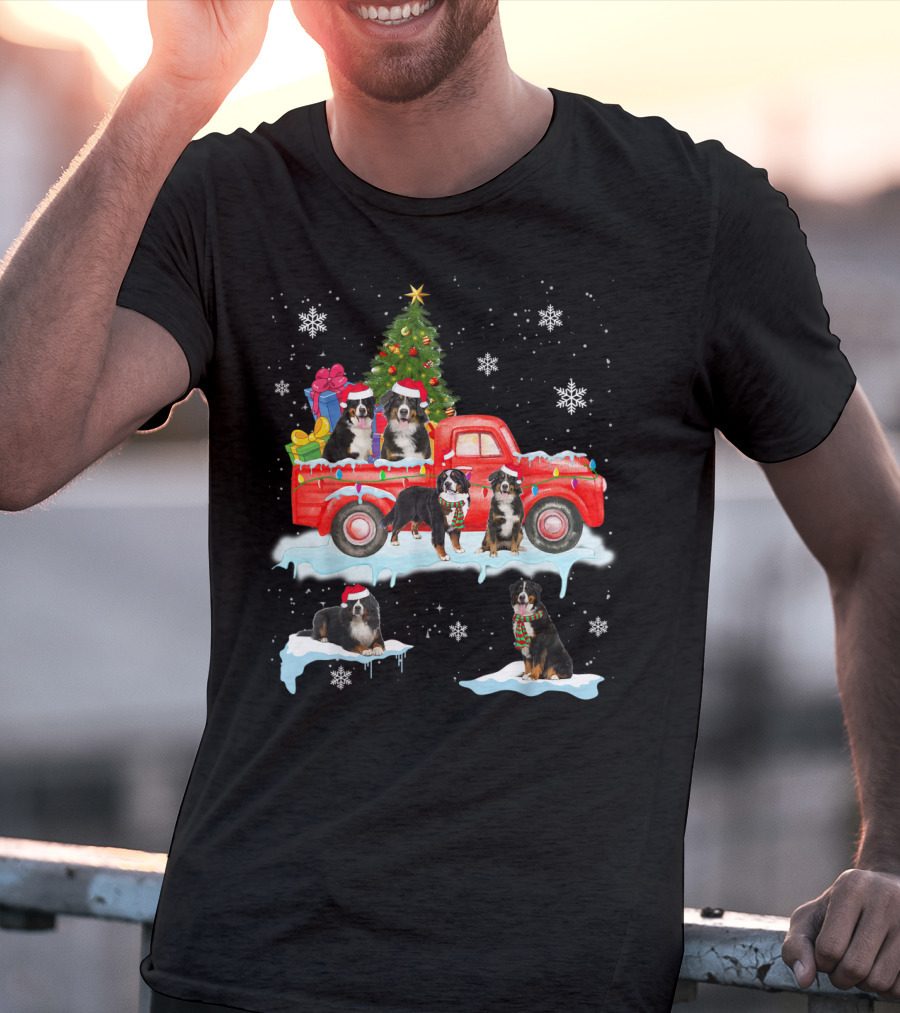 Bernese Mountain Dogs Christmas Red Truck Snowflakes T-Shirt