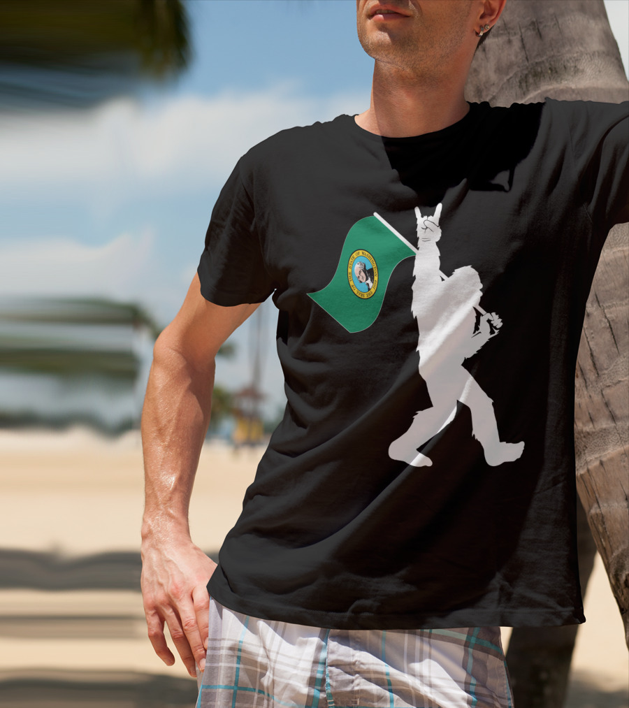 Bigfoot Holding Washington State Flag Rock And Roll Gesture T-Shirt