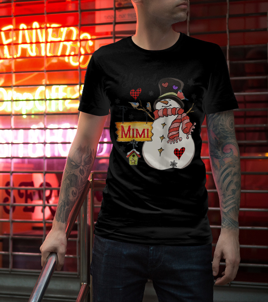 Blessed Mimi Snowman Grandma Christmas Family T-Shirt