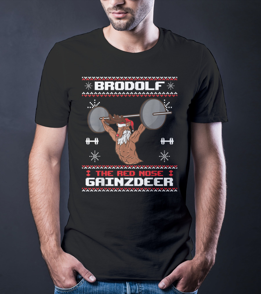 Brodolf The Red Nose Gainzdeer Lifting Weights Gym Holiday T-Shirt