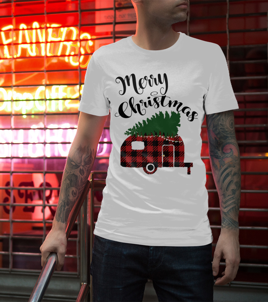 Merry Christmas Buffalo Plaid Camper With Tree T-Shirt