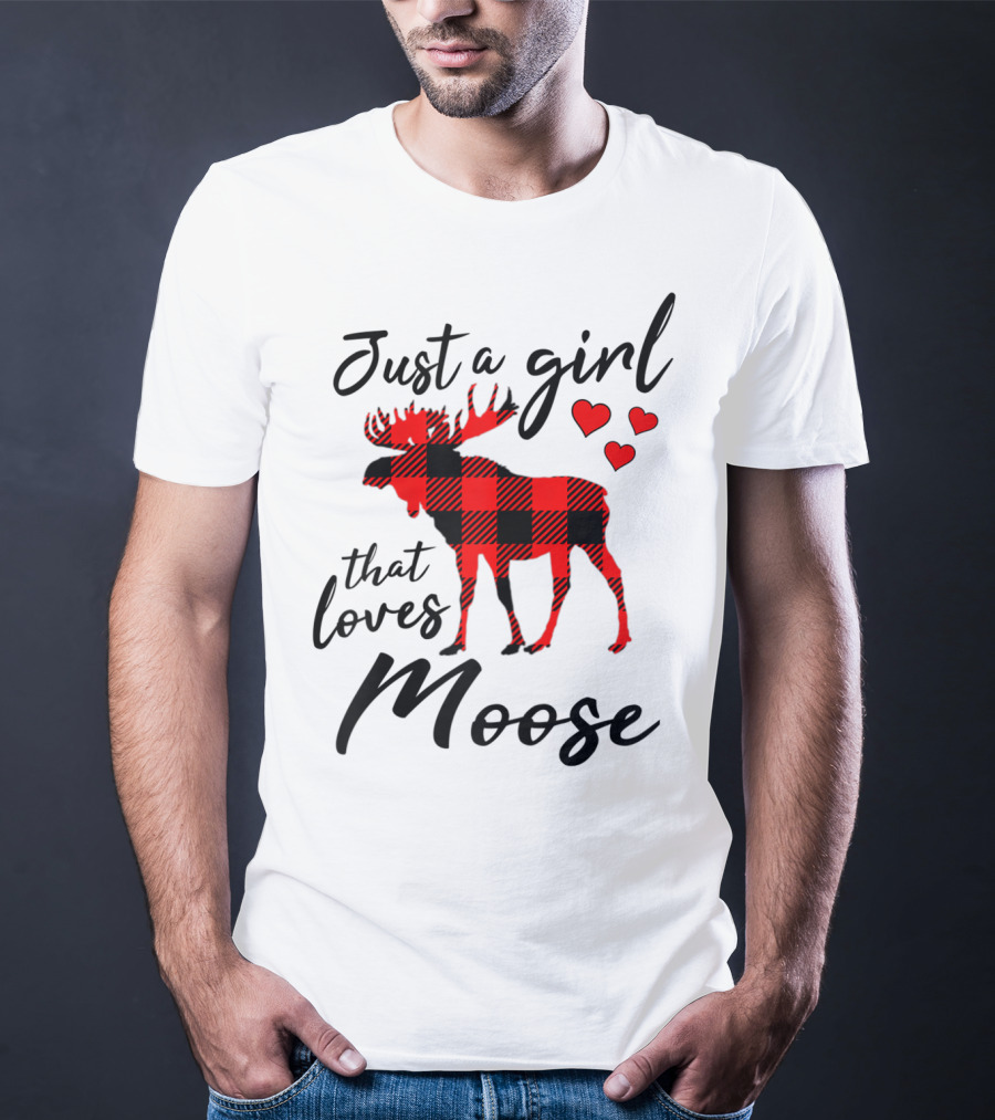 Just A Girl That Loves Moose Buffalo Plaid Hearts T-Shirt
