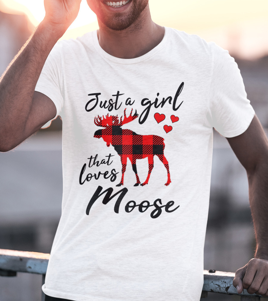 Just A Girl That Loves Moose Buffalo Plaid Hearts T-Shirt