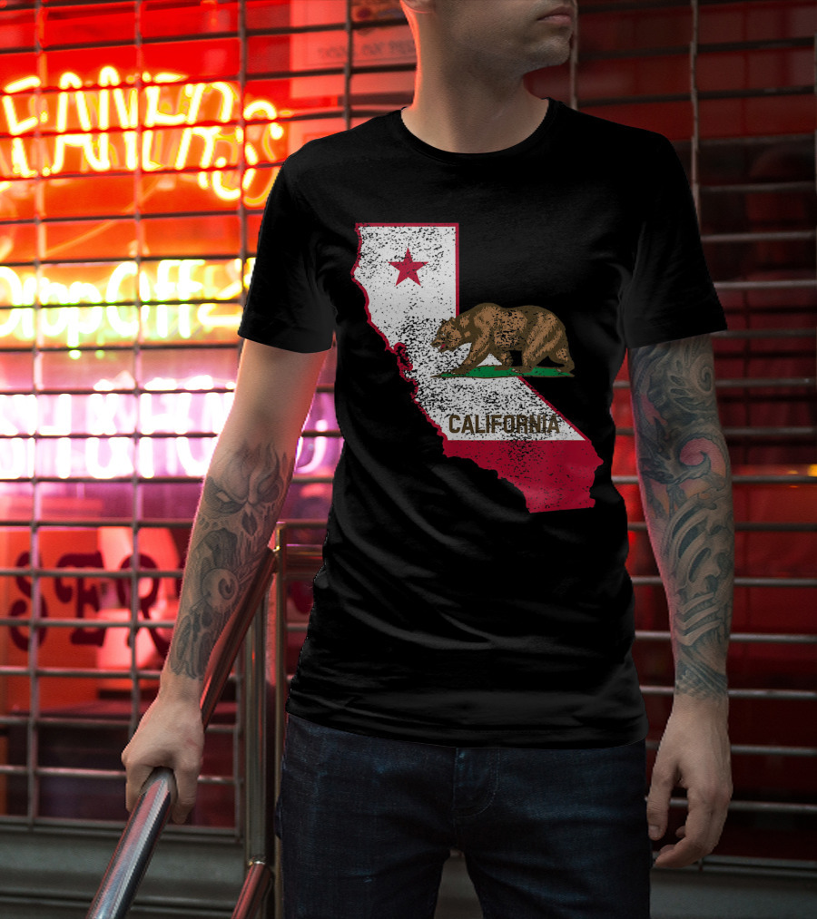 California Flag Bear And Star On State Outline T-Shirt