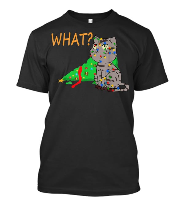 WHAT Funny Black Cat Christmas Tree T-Shirt