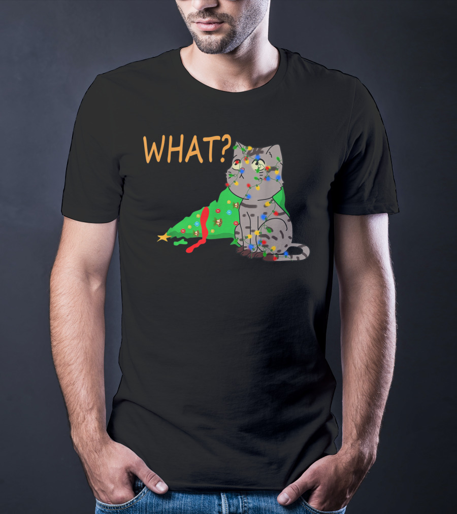 WHAT Funny Black Cat Christmas Tree T-Shirt