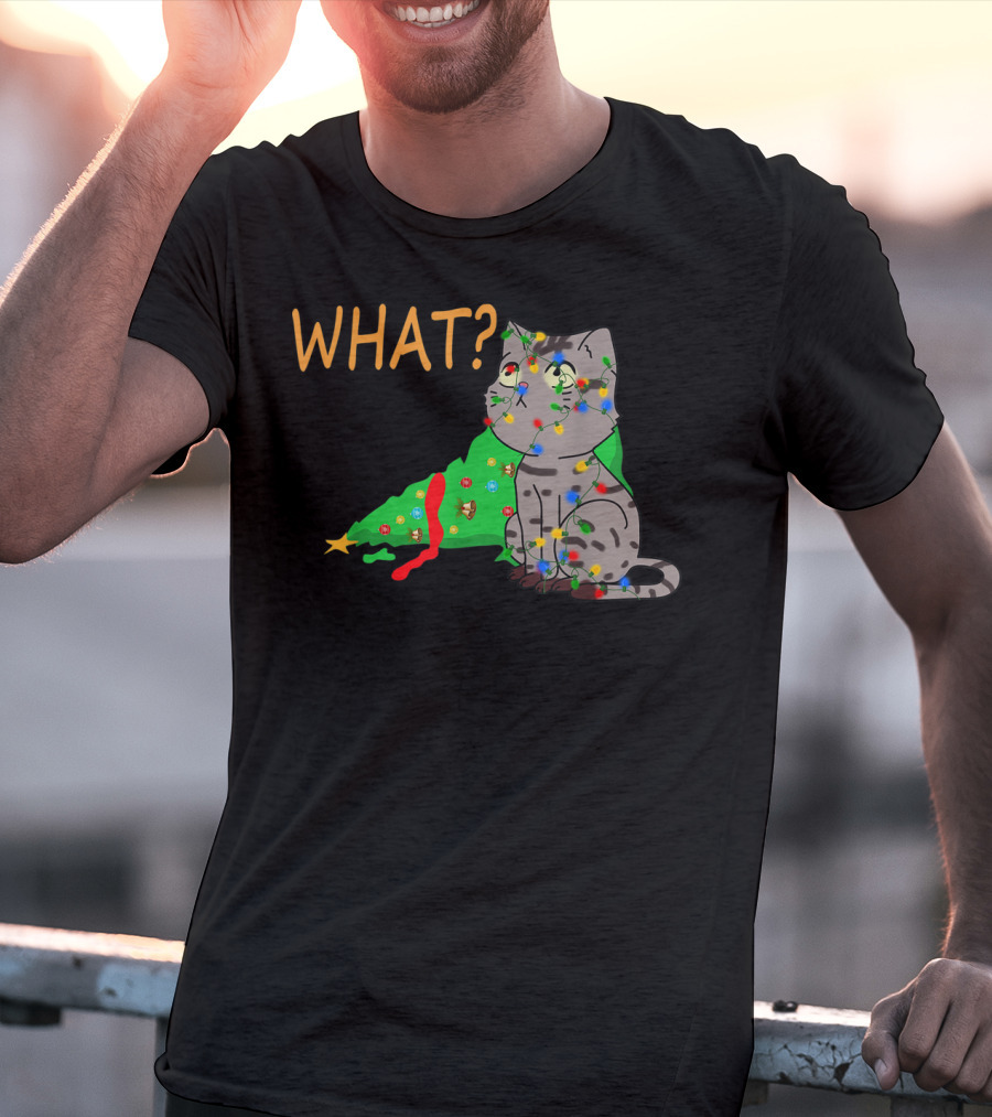 WHAT Funny Black Cat Christmas Tree T-Shirt