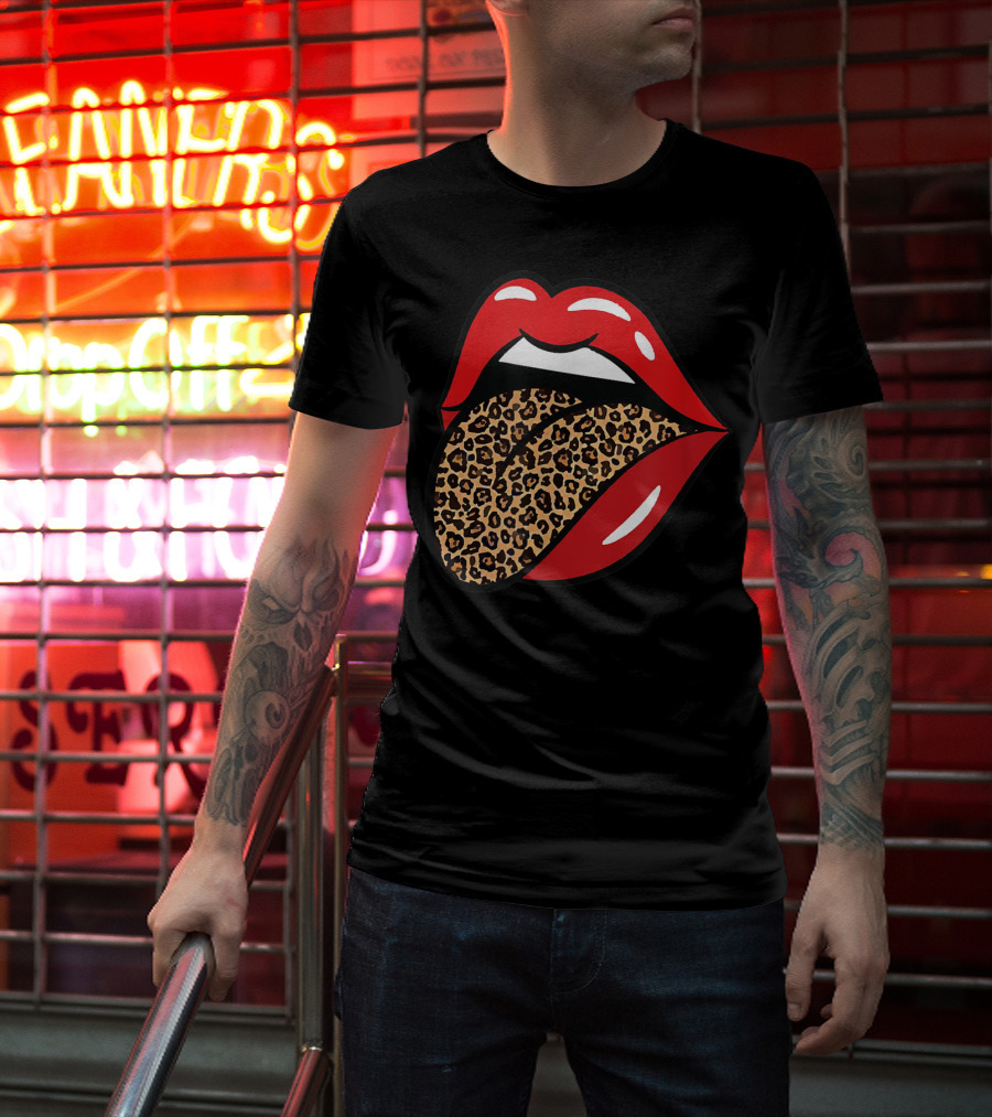 Chic Red Lips Leopard Print Tongue Rock Roll T-Shirt