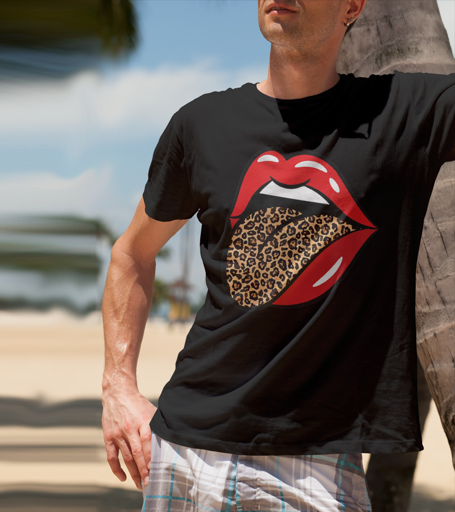 Chic Red Lips Leopard Print Tongue Rock Roll T-Shirt