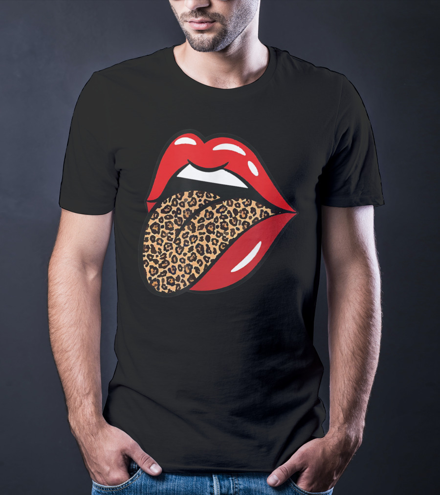 Chic Red Lips Leopard Print Tongue Rock Roll T-Shirt