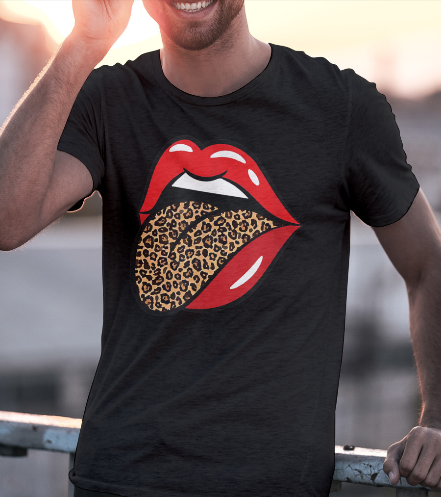 Chic Red Lips Leopard Print Tongue Rock Roll T-Shirt
