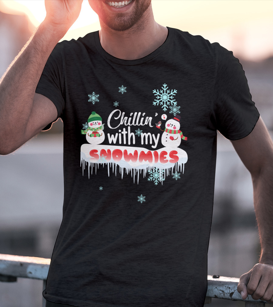 Chillin' With My Snowmies Cute Snowman Smoking Pipe And Snowflakes T-Shirt