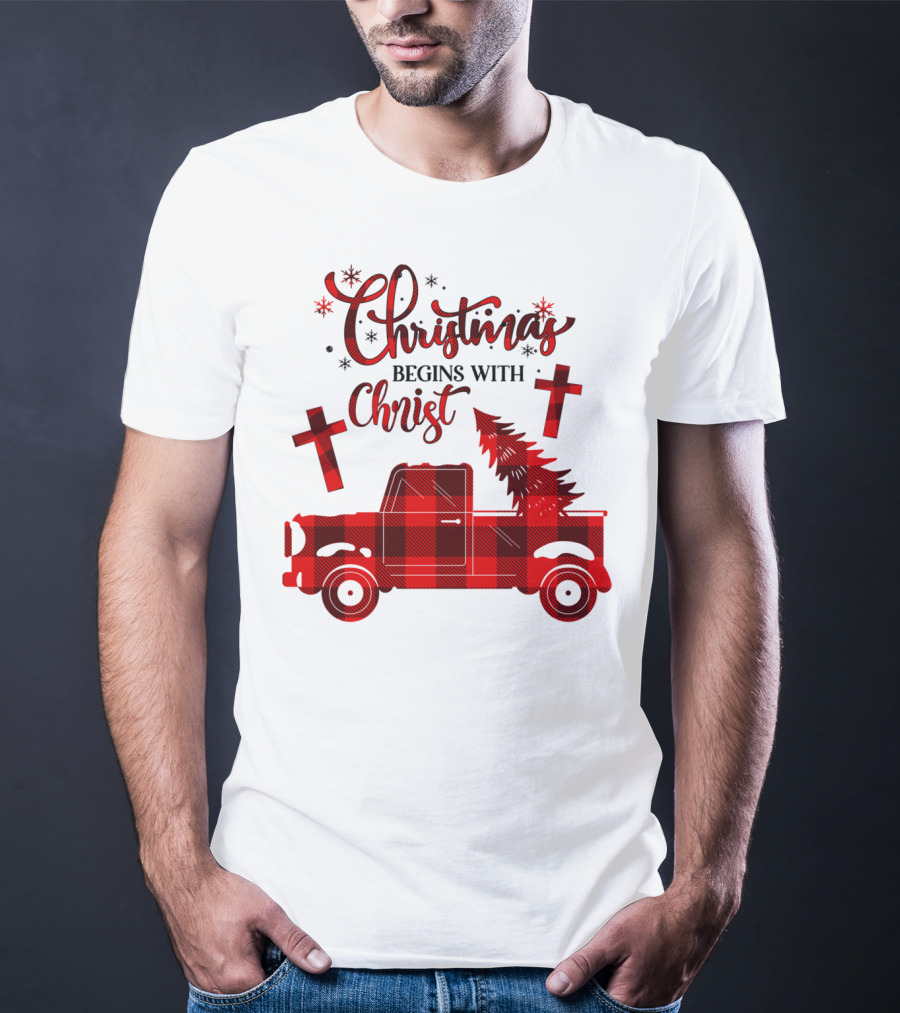 Christmas Begins With Christ Buffalo Plaid Red Truck With Tree And Crosses T-Shirt