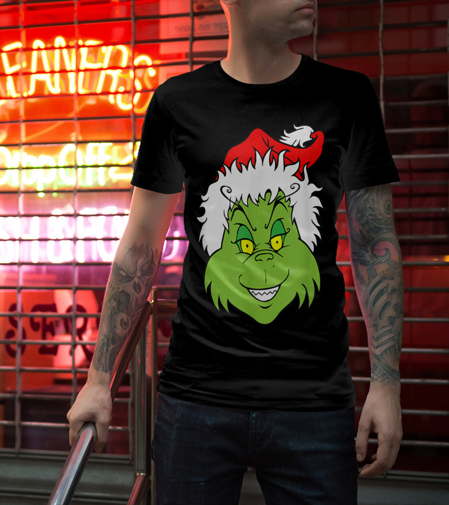 Grinch Christmas Face Santa Hat Smile T-Shirt