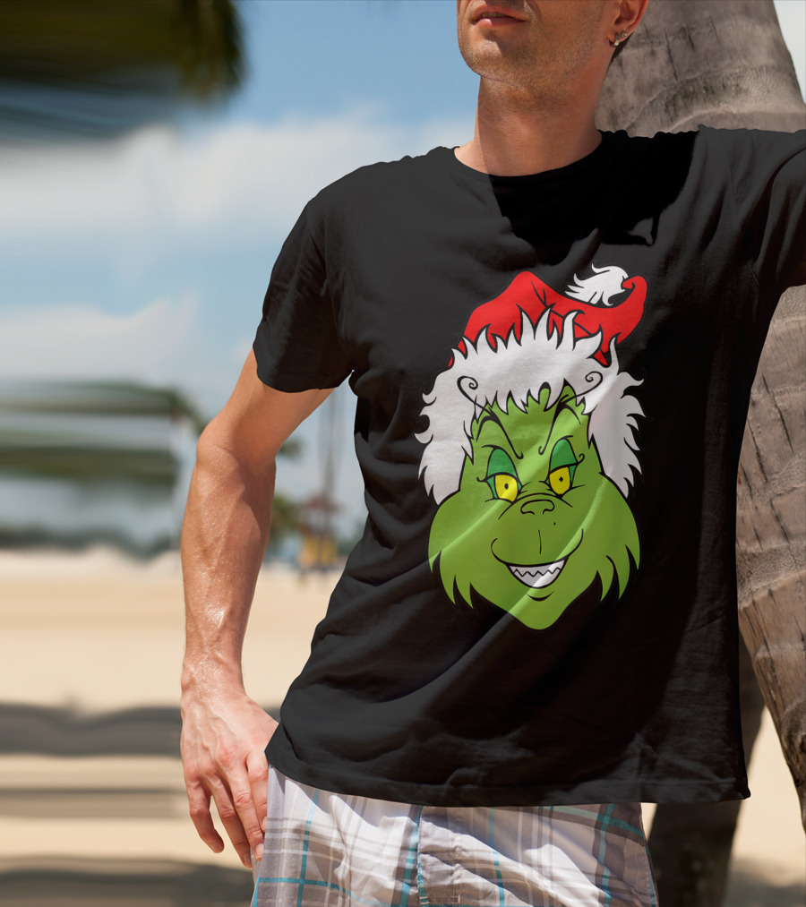Grinch Christmas Face Santa Hat Smile T-Shirt