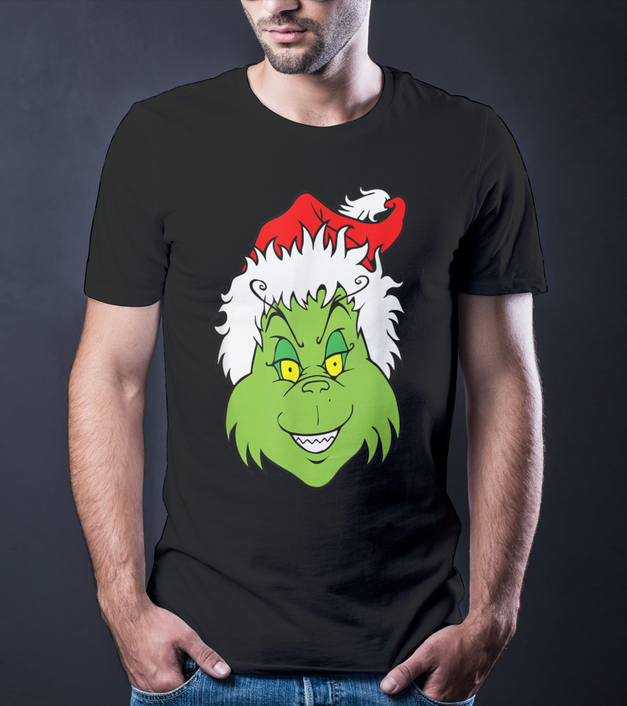 Grinch Christmas Face Santa Hat Smile T-Shirt