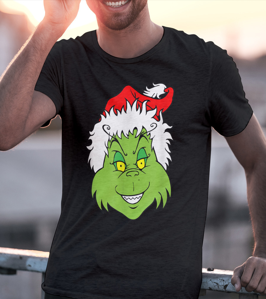 Grinch Christmas Face Santa Hat Smile T-Shirt