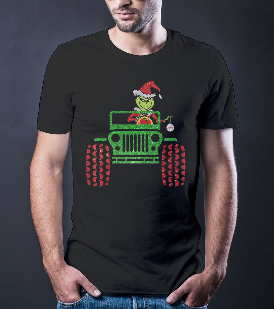 Christmas Grinch Driving Jeep Santa Hat Red Green Glitter Style Jeep T-Shirt