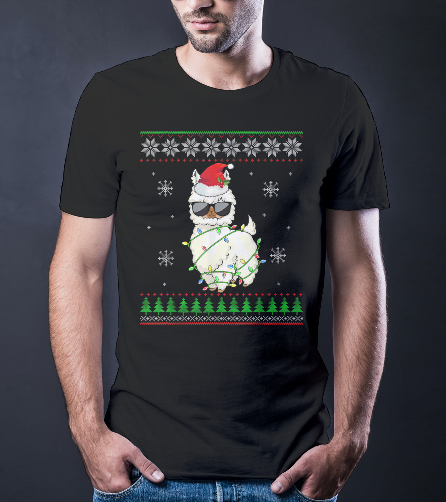 Santa Hat Sunglasses Llama Wrapped In Christmas Lights With Snowflakes And Trees T-Shirt