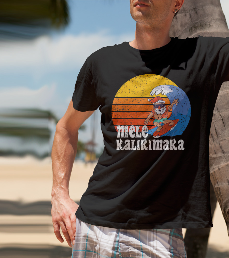 Mele Kalikimaka Surfing Santa Sunset Wave T-Shirt