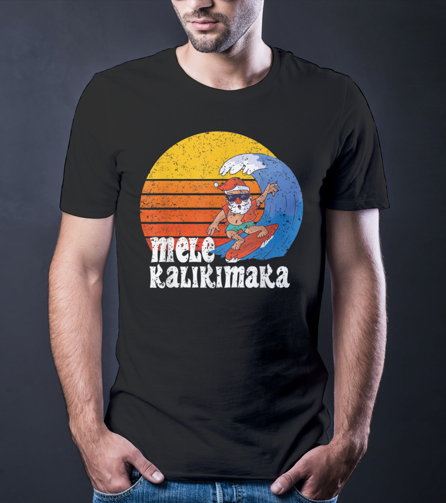 Mele Kalikimaka Surfing Santa Sunset Wave T-Shirt