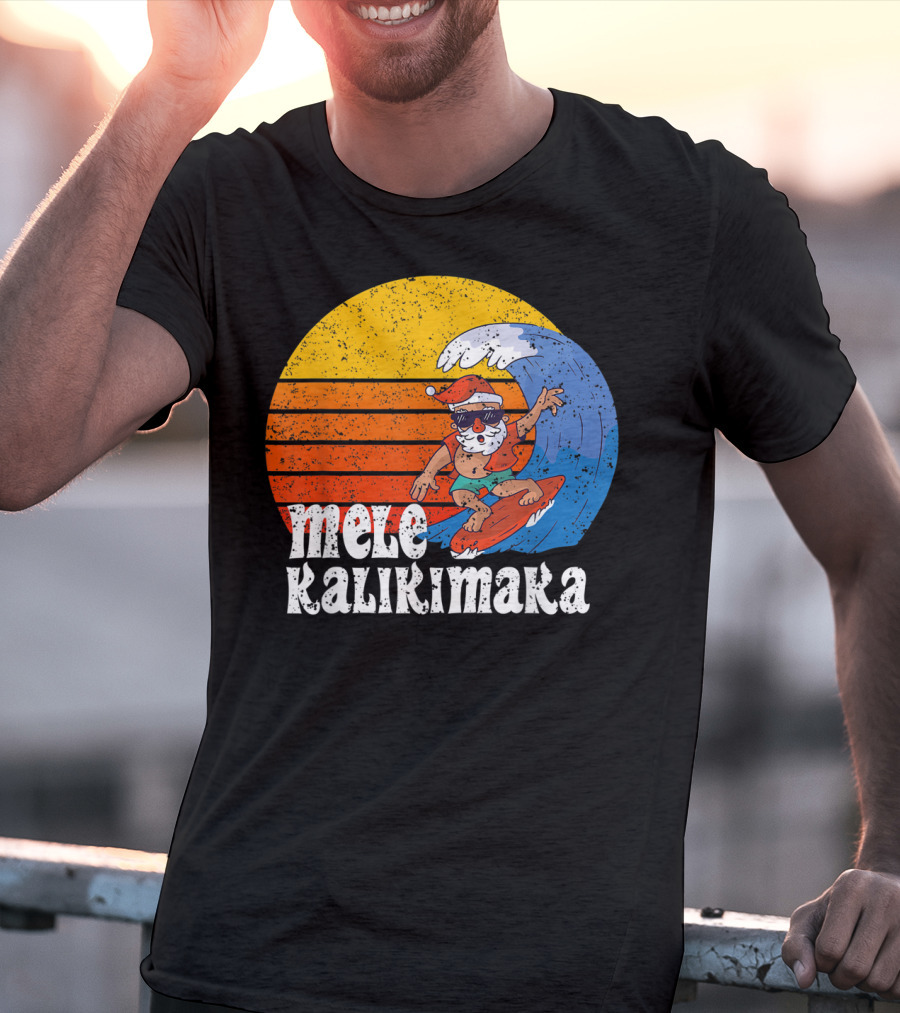 Mele Kalikimaka Surfing Santa Sunset Wave T-Shirt