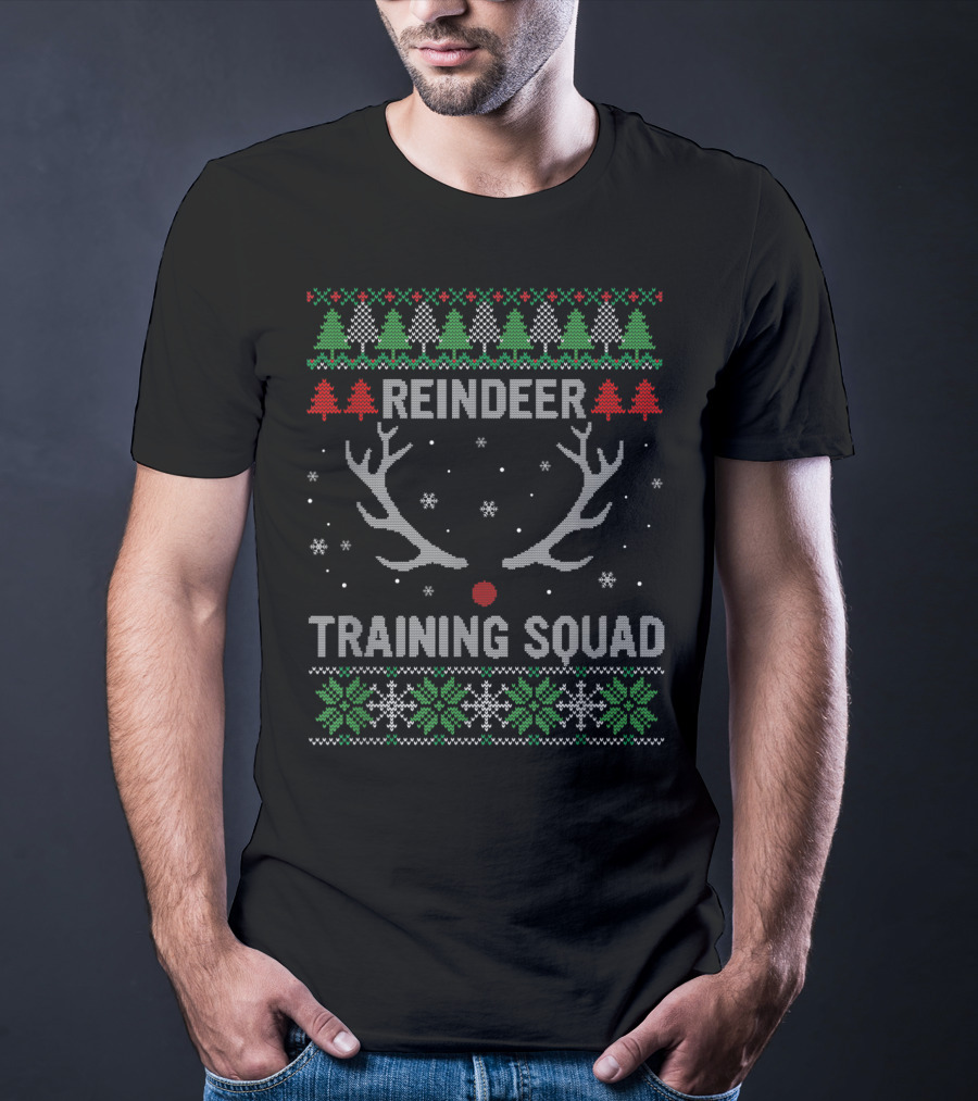 Christmas Reindeer Training Squad Ugly Sweater Antlers Snowflakes Trees T-Shirt