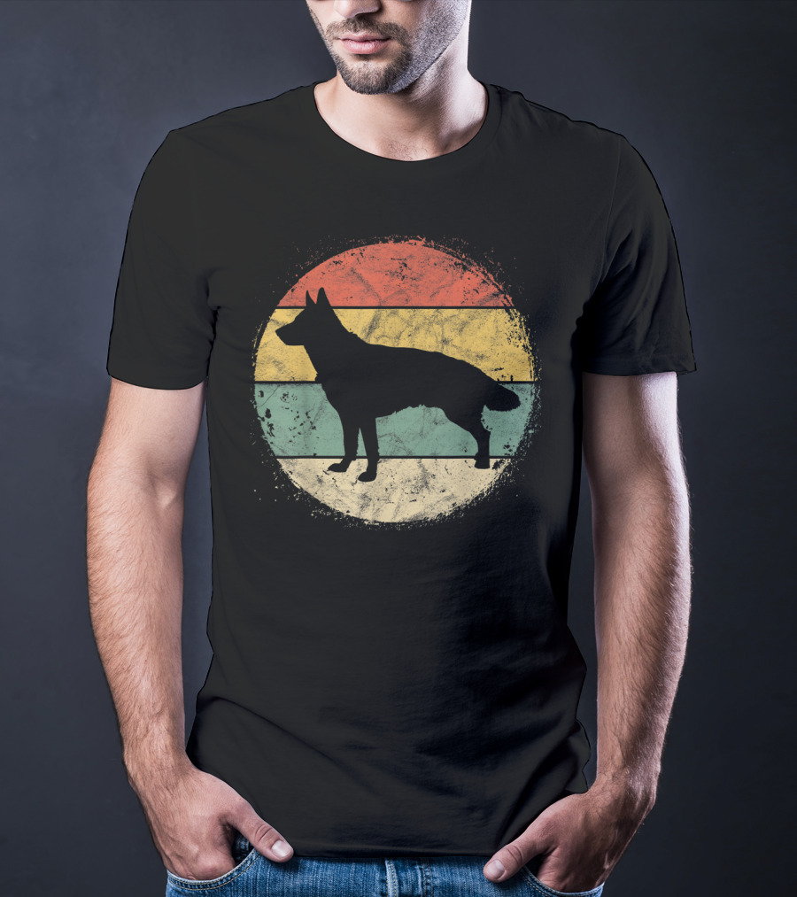 Vintage Circular German Shepherd Silhouette Retro Stripes T-Shirt