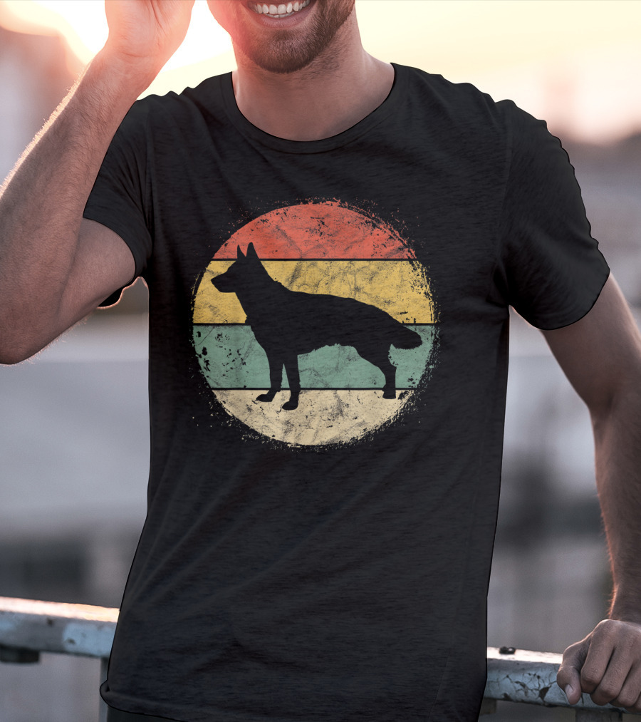 Vintage Circular German Shepherd Silhouette Retro Stripes T-Shirt