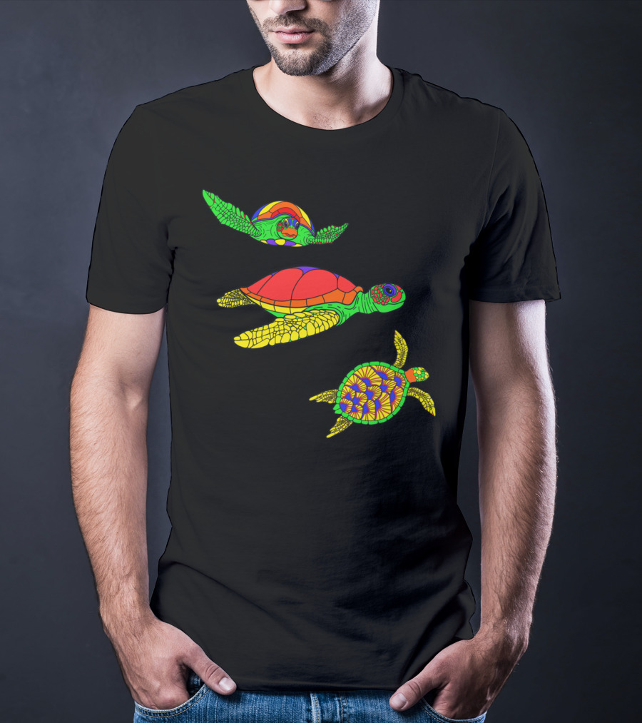 Colorful Swimming Sea Turtle Shell Artful Display T-Shirt