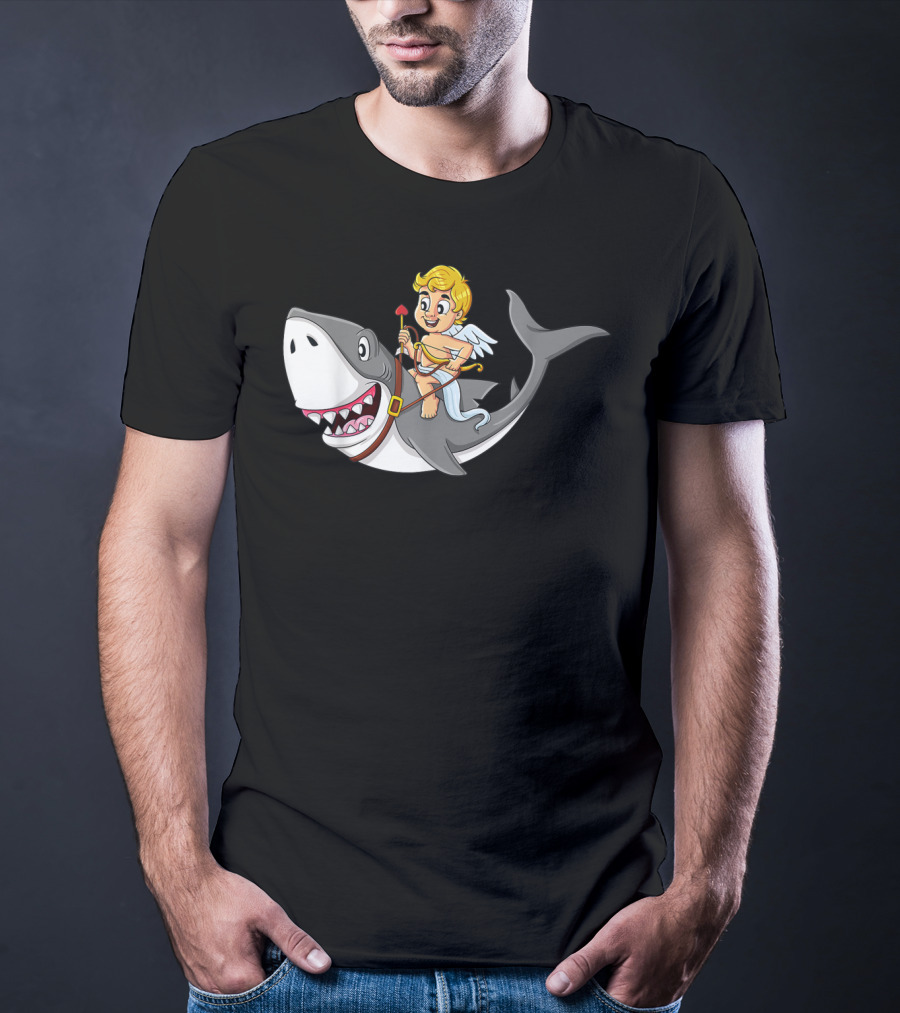 Cupid Riding Shark Valentines Day Iconic Funny Cartoon T-Shirt