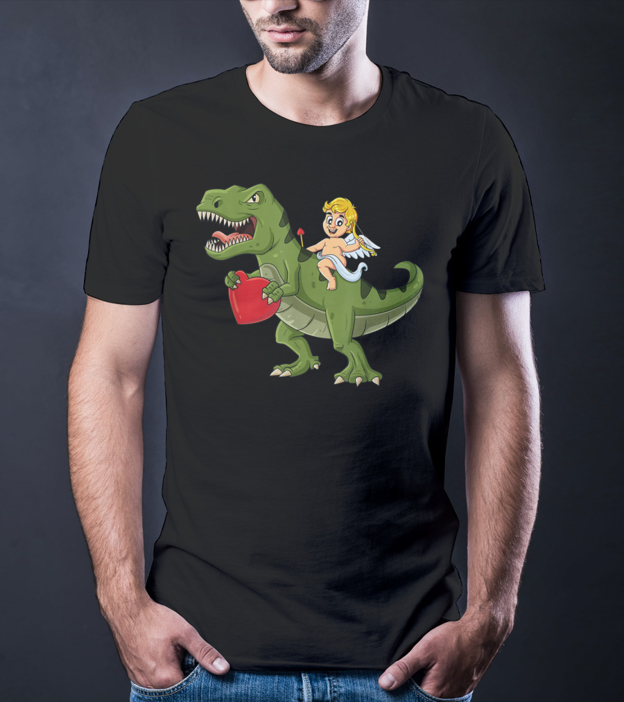 Valentine Cupid On Dinosaur With Heart And Arrow T-Shirt