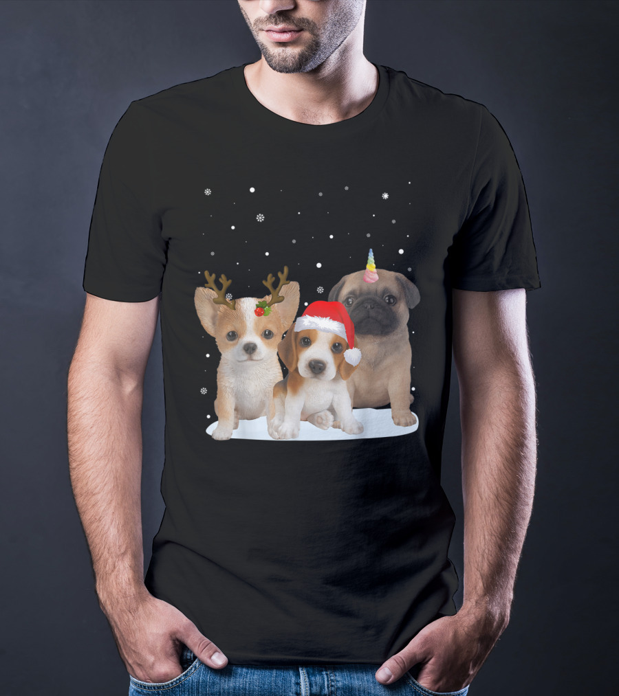 Cute Dogs Reindeer Horns Santa Hat Unicorn Snowflakes T-Shirt