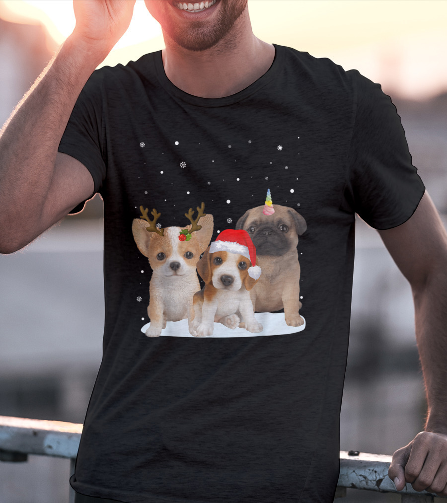 Cute Dogs Reindeer Horns Santa Hat Unicorn Snowflakes T-Shirt