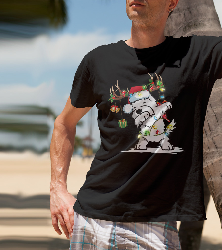 Dabbing Westie Dog Reindeer Lights Santa Hat Christmas Gifts T-Shirt