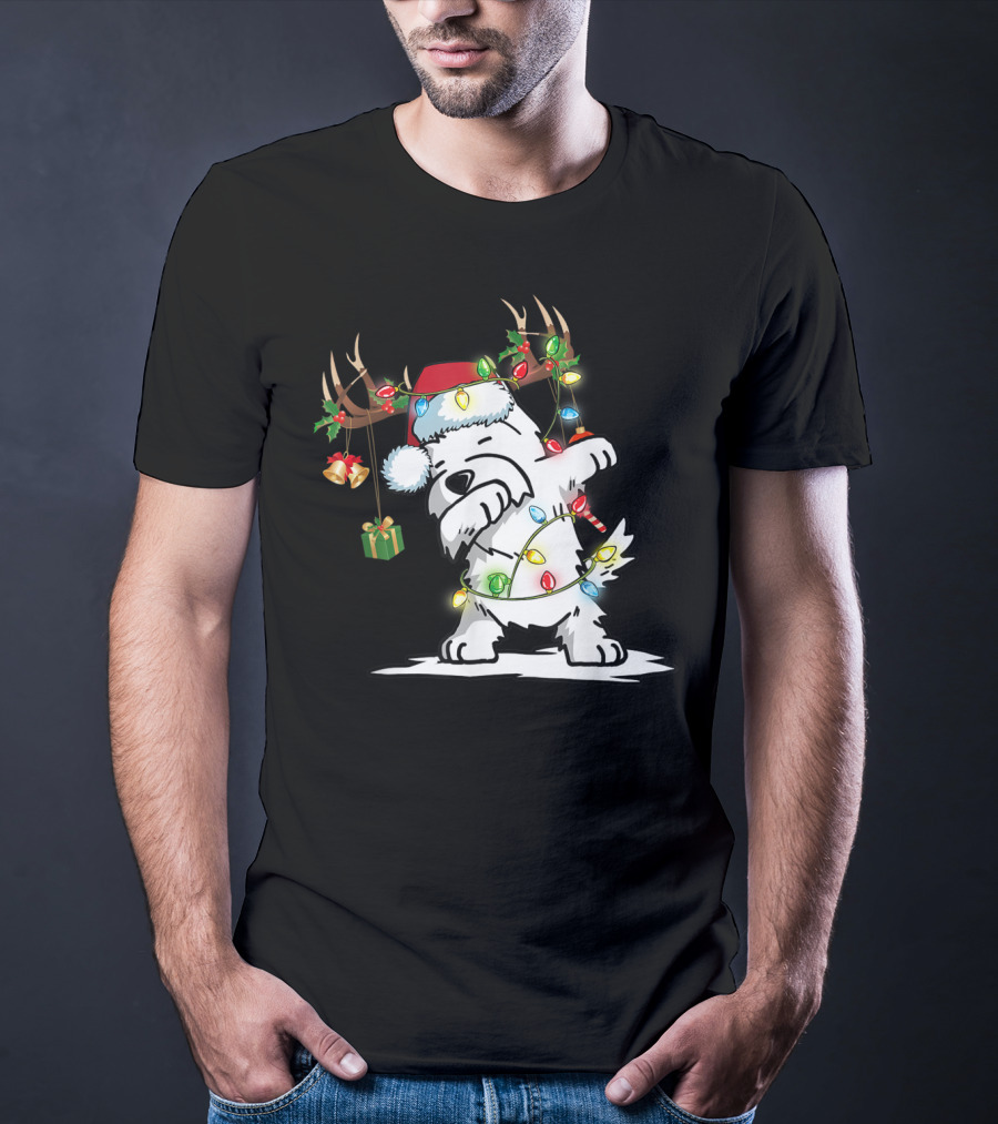 Dabbing Westie Dog Reindeer Lights Santa Hat Christmas Gifts T-Shirt