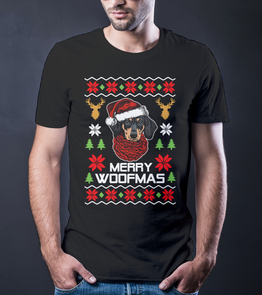 Merry Woofmas Dachshund Santa Hat Christmas Reindeer Snowflakes Trees T-Shirt