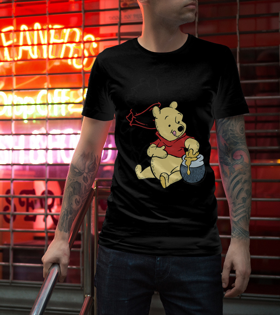 Disney Winnie The Pooh Outline And Colored Character Sitting With Honey Jar T-Shirt